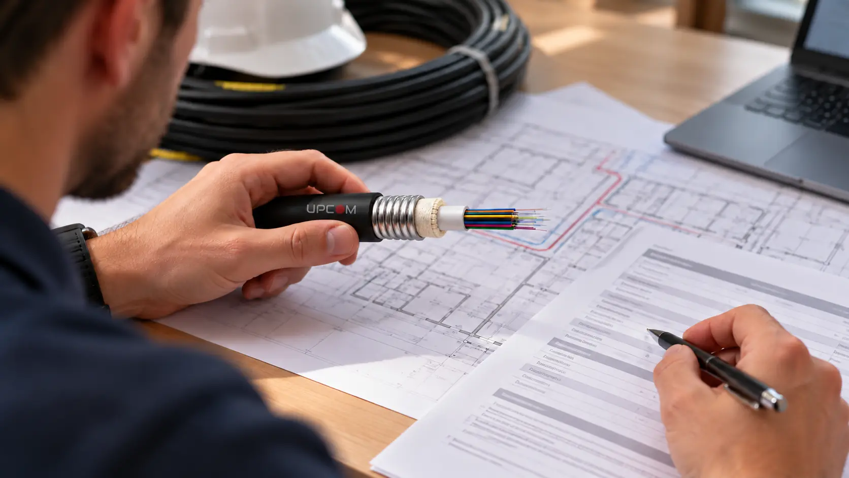 Engineer comparing a UPCOM armored fiber cable sample with project documentation