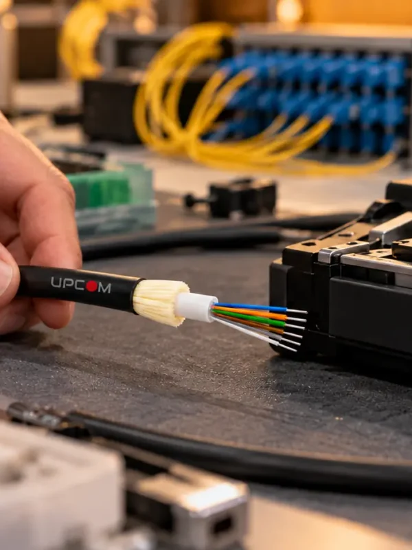 UPCOM fiber optic cable sample being examined beside optical preparation equipment