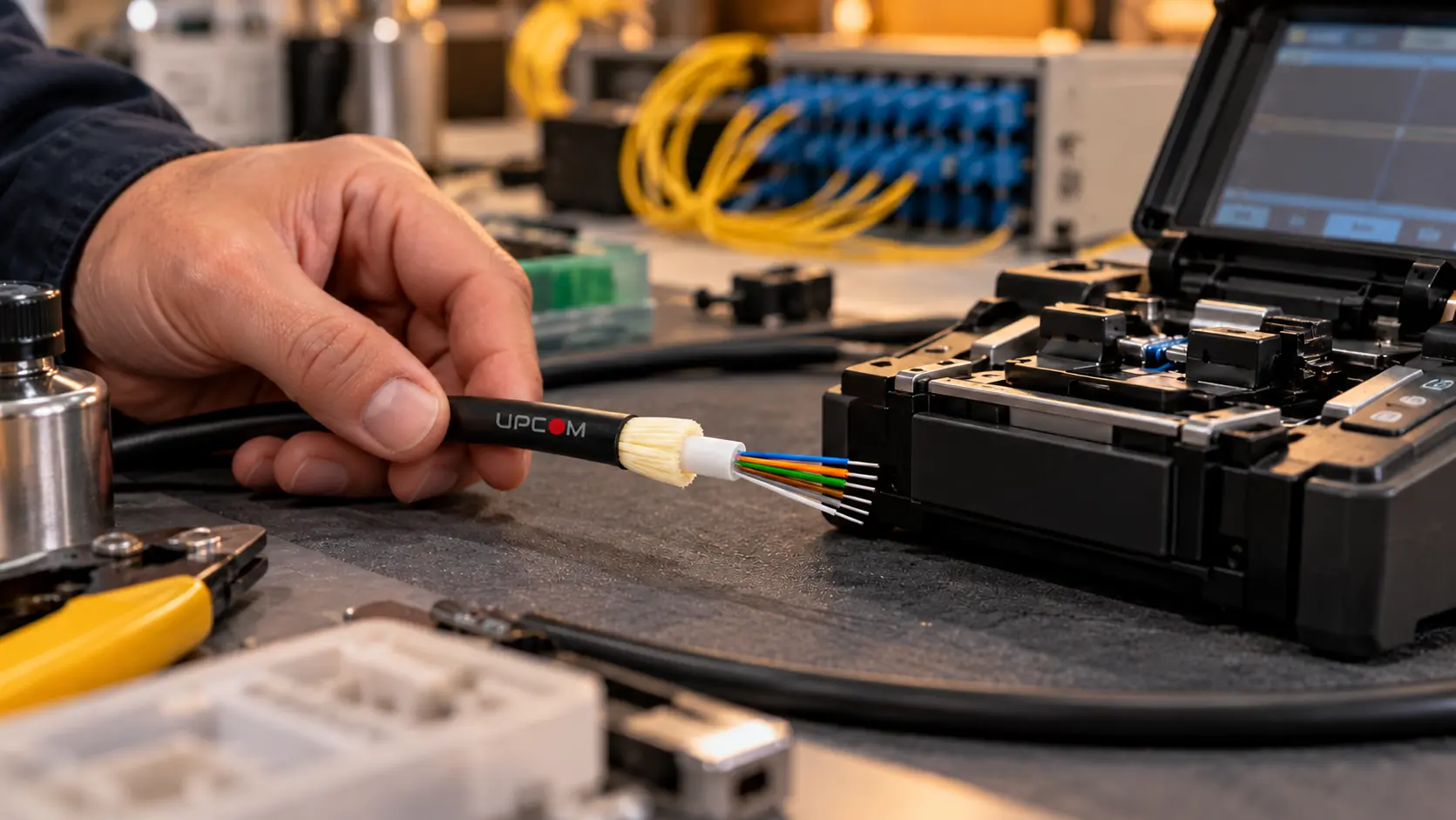 UPCOM fiber optic cable sample being examined beside optical preparation equipment