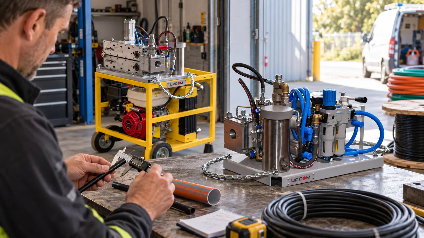 Technician measuring a cable beside UPCOM FOK and HidroFOK machines in a workshop