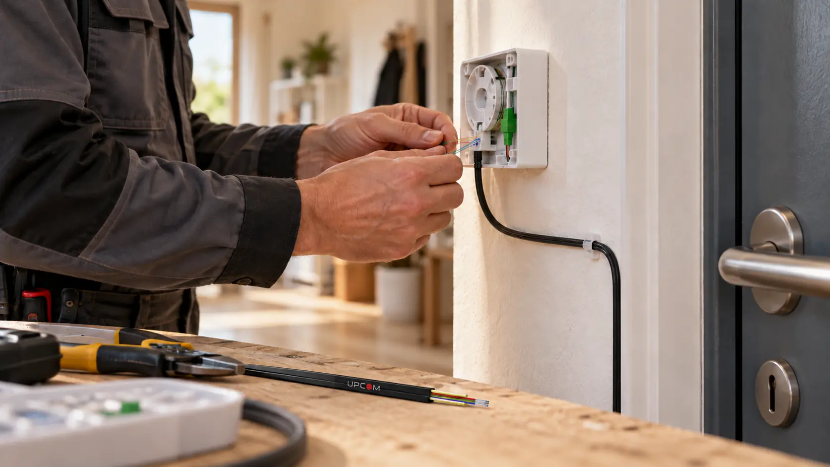 Indoor fiber connection preparation with a UPCOM flat FTTH drop cable sample