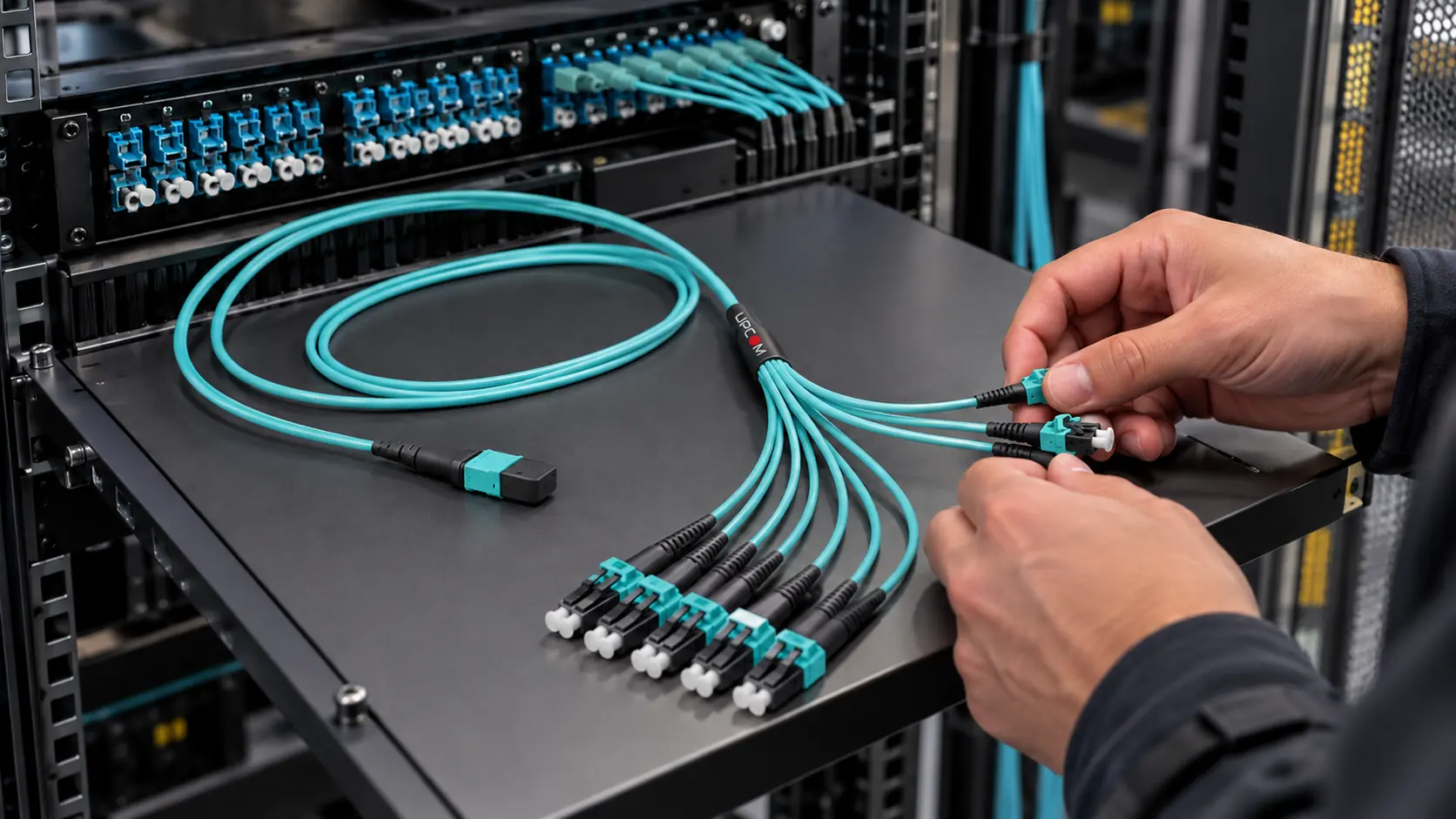 Technician checking a UPCOM MTP to LC fanout on a data center rack shelf