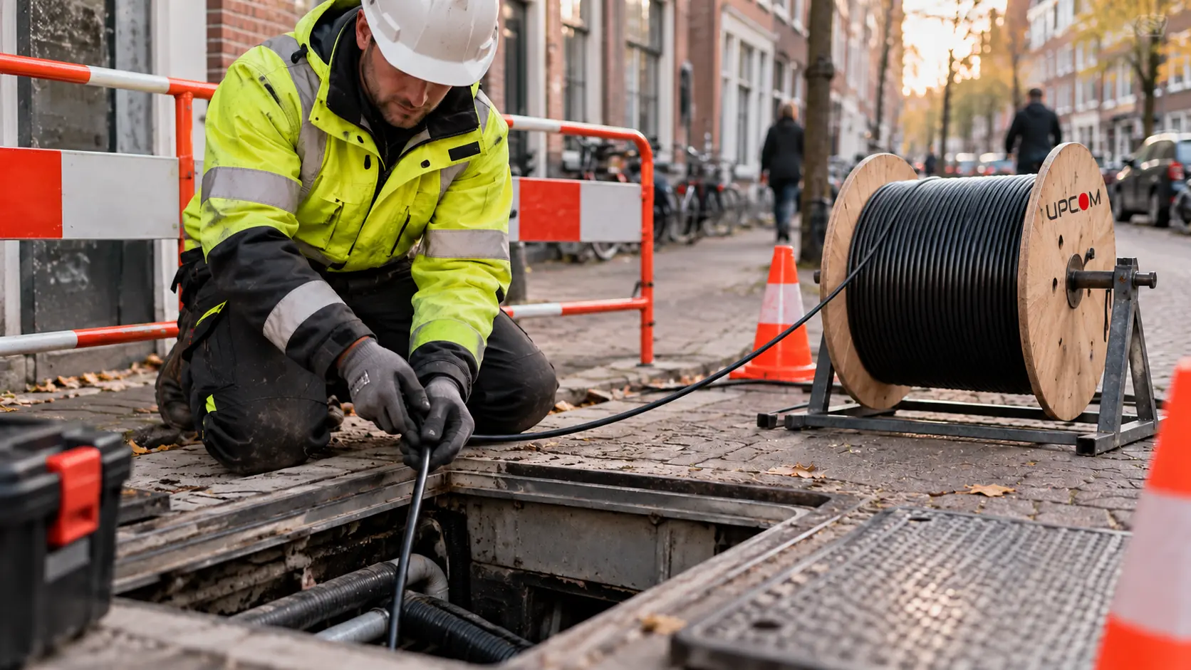 Technician guiding fiber cable from a UPCOM reel into an urban telecom route