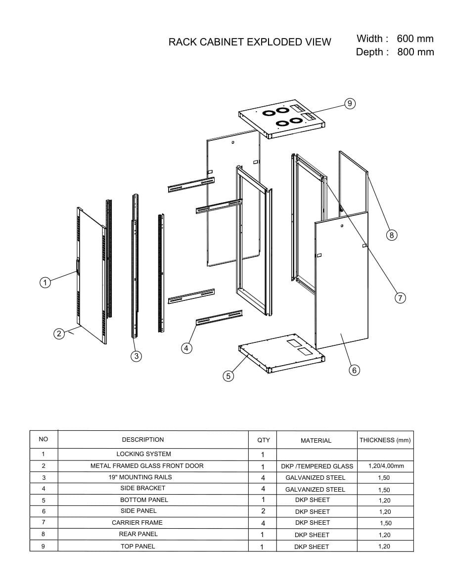 36U 600x800 floor standing rack cabinet technical drawing