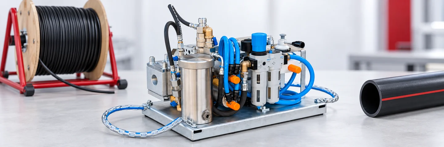 UPCOM FOK cable blowing machine with a fiber cable reel and HDPE duct