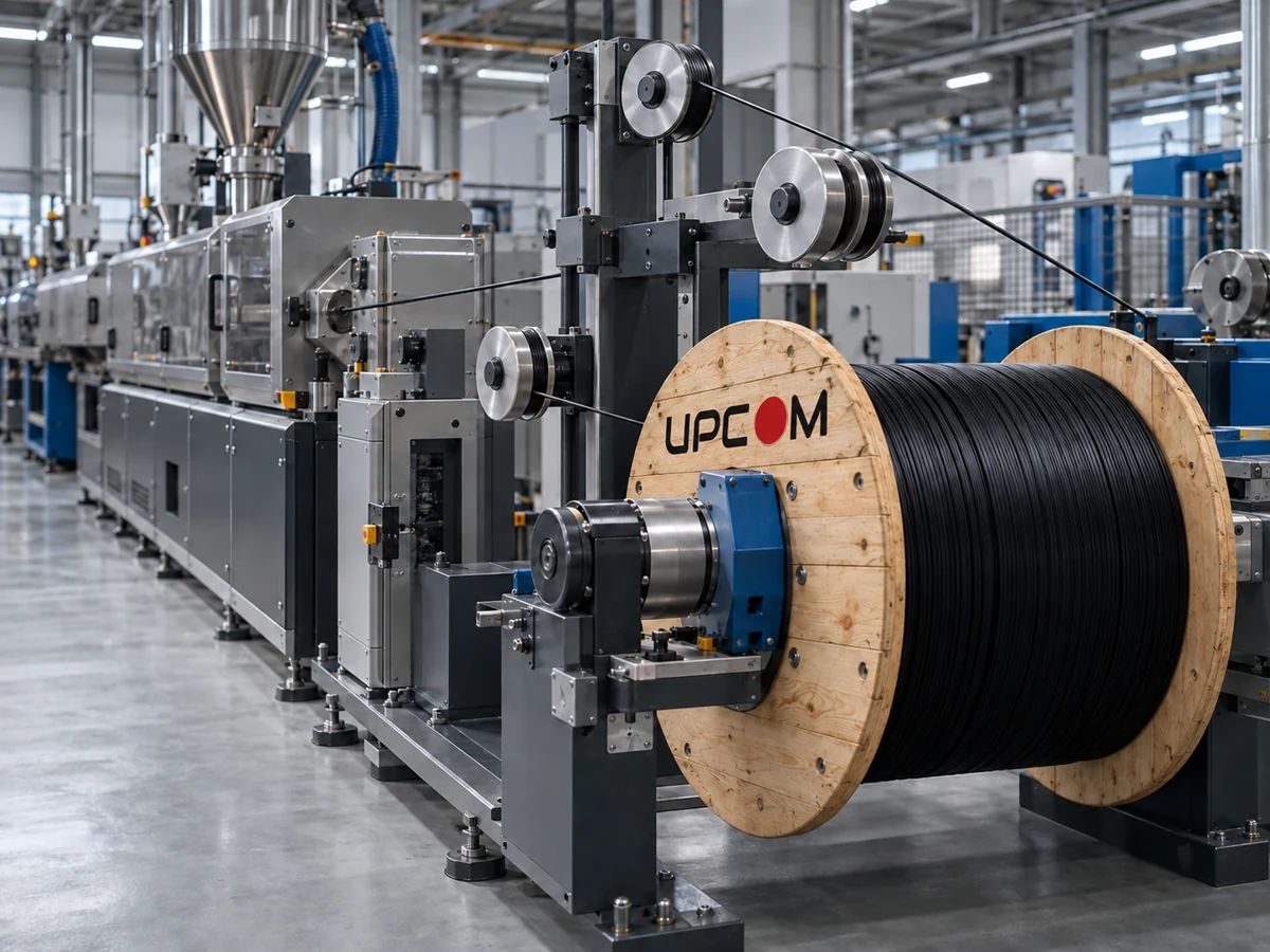 Representative fiber optic cable production line with a UPCOM-branded wooden cable drum