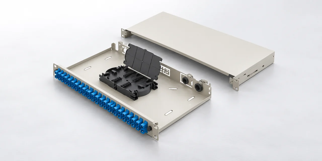 Fiber optic patch panel with adapter front and internal splice tray