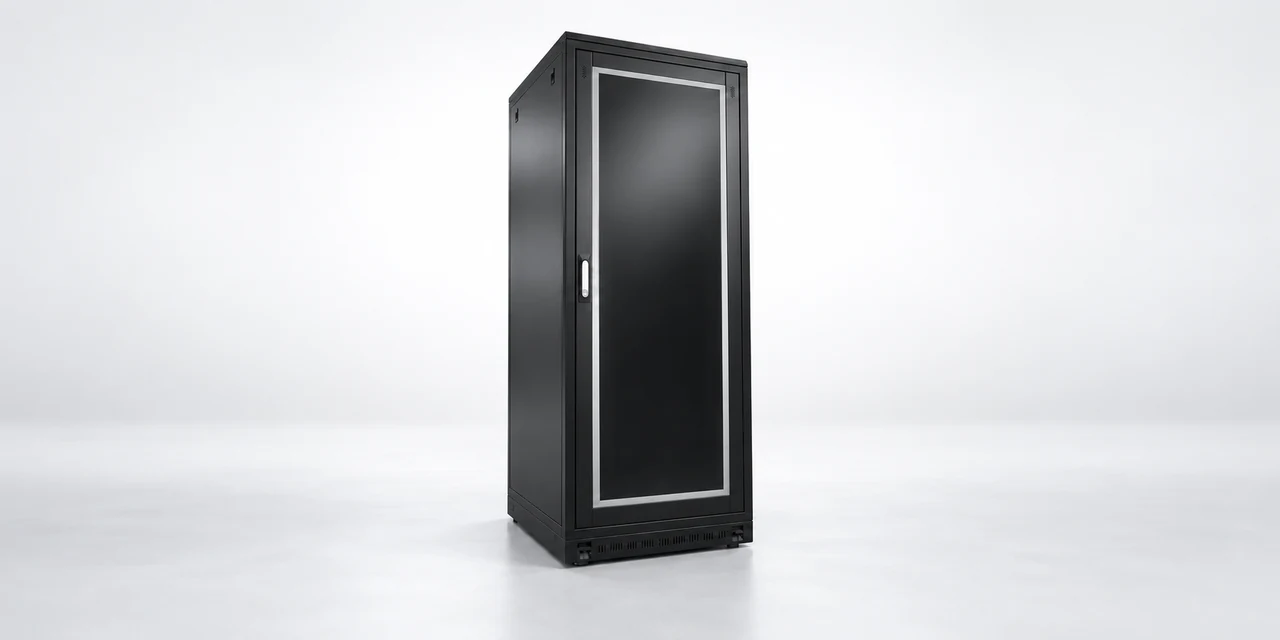 Black 19-inch free-standing rack cabinet with glass front door