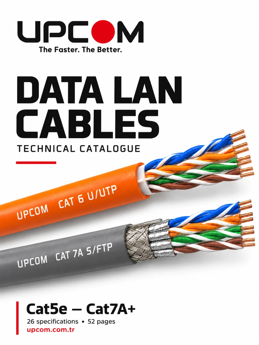 UPCOM Data LAN Cable Technical Catalogue cover, Cat5e to Cat7A+