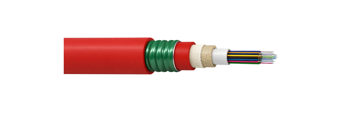 Fire resistant fiber cable with red double LSZH jackets, green coated steel armor and mica barrier